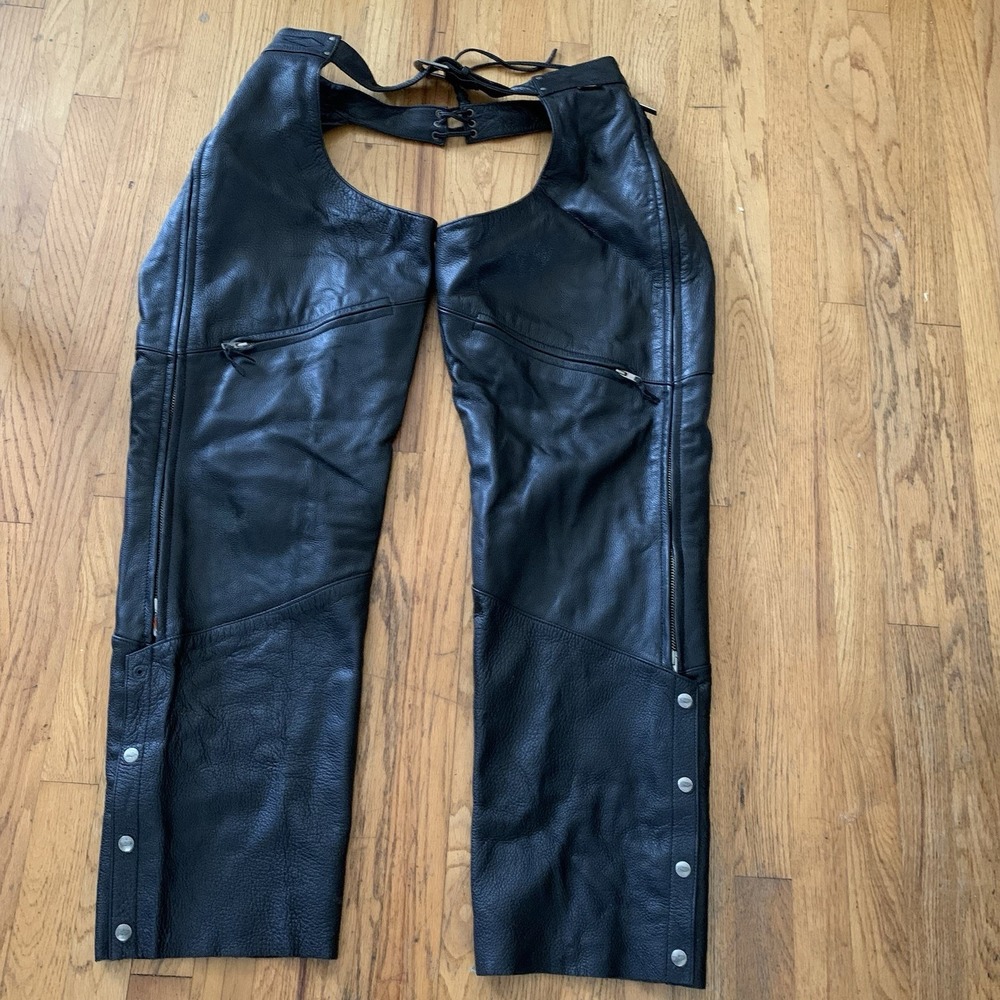 Power Trip Mens Black Leather Pockets Adjustable Waist Motorcycle Chaps L